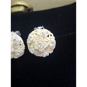 Celluloid cream and rhinestone clip on earrings